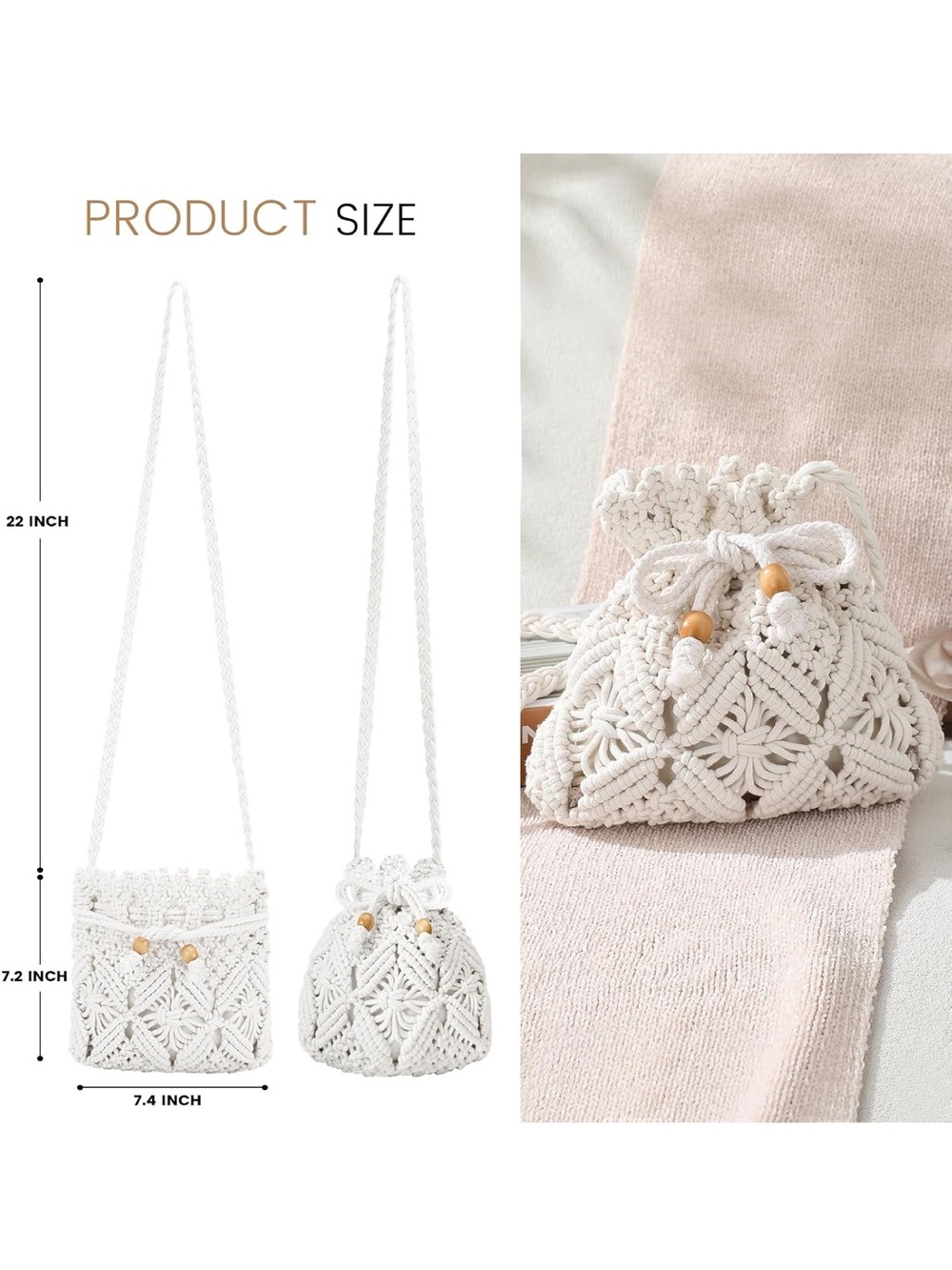 White Crochet Drawstring Mini Bag - Picture 4 of 8